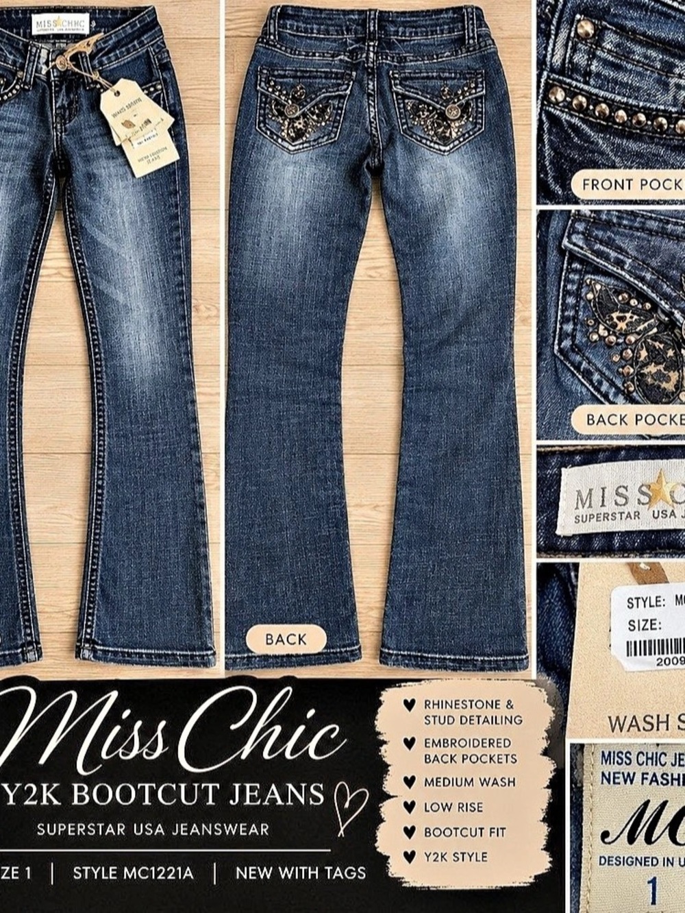 Miss Chic Y2K Bootcut Jeans MC1221A Blue Size 1